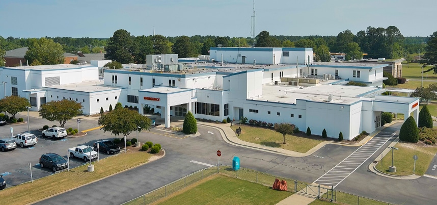 An aerial photo of ECU Health Chowan Hospital