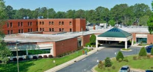 The main entrance of ECU Health Roanoke-Chowan Hospital is shown from an aerial view.