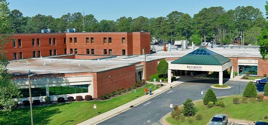 The main entrance of ECU Health Roanoke-Chowan Hospital is shown from an aerial view.