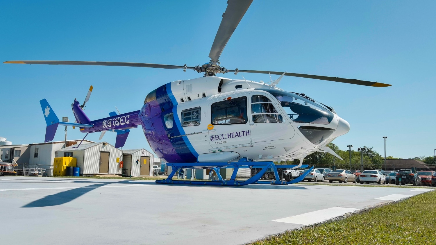 An EastCare medical helicopter sits on the ECU Health Medical Center campus.