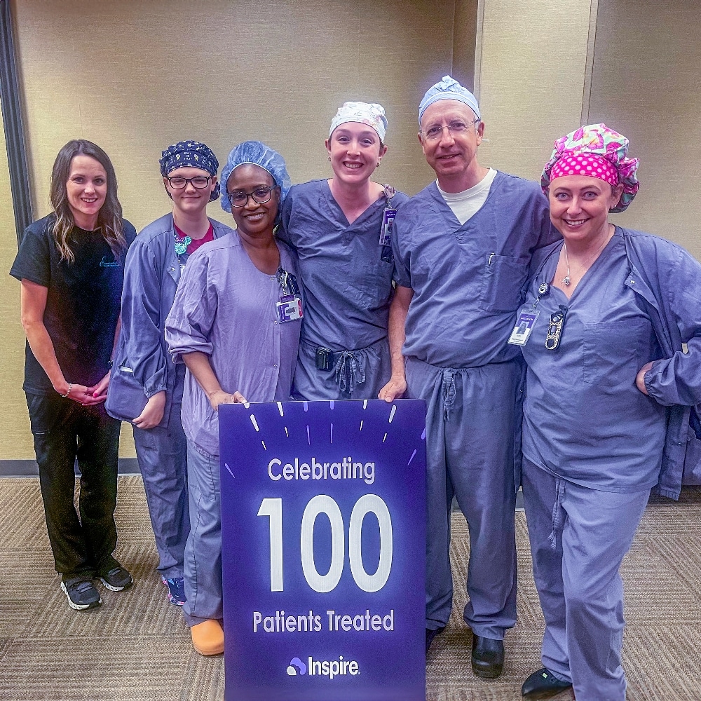 Dr. Brodish and team pose for a photo to celebrate 100 patients treated with Inspire Therapy Procedure.