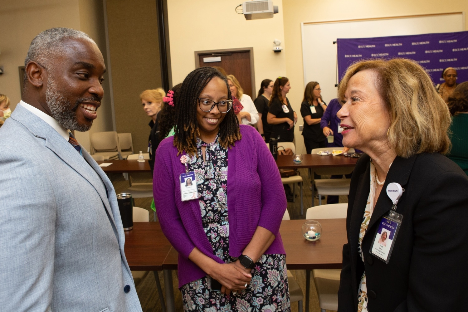 Dr. Bim Akintade, dean of the College of Nursing, and Dr. Pam Rudisill, ECU Health’s vice president of nursing excellence, talk together.