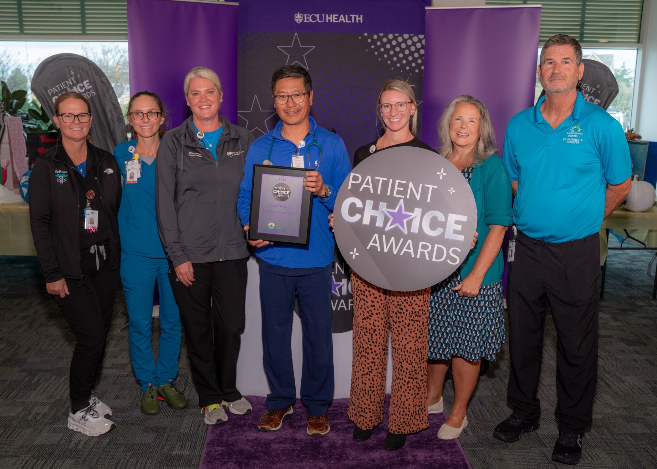 The Outer Banks Health Hospital – Emergency Department team comes together for a photo to recognize winning the Patient Choice Award for Top Performing Emergency Department for Create a Caring Environment that Helps Heal.